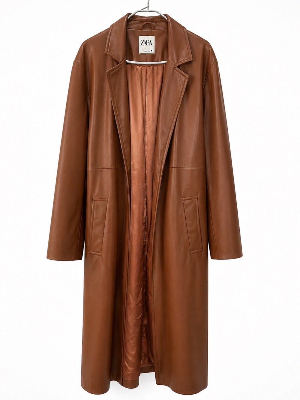 ZARA Faux Leather Long Coat Brown Womens XL Chic Minimalist Trench Jacket